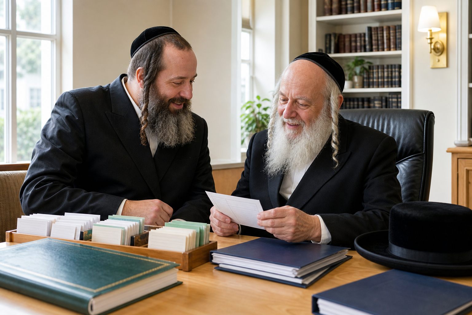 Heimish Chassidish synagogue staff reviewing family pledge records